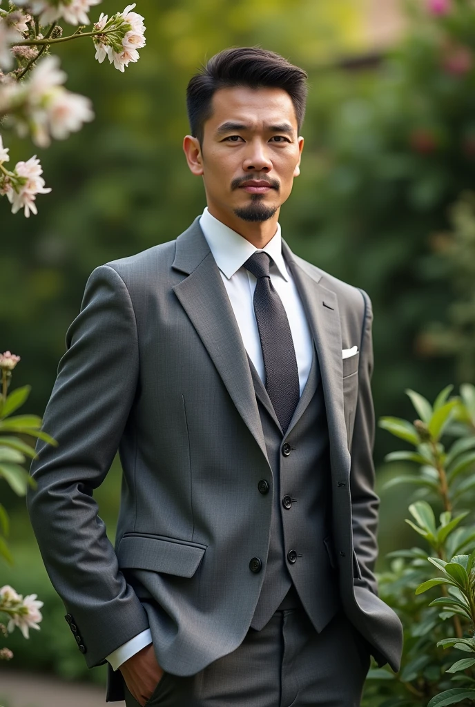 30 year old man wearing grey suit, bonitas, portraite, garden background