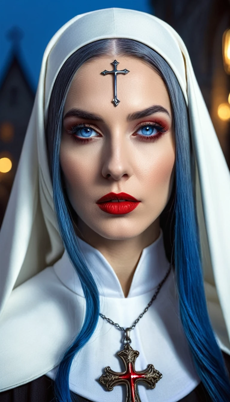 tmasterpiece,Best quality at best,A high resolution,8K,((Portrait)),(Head close-up),Original photo,real photograph,digital photography,(A medieval fantasy woman),(The nun in fantasy style),2 woman,(Inky blue gradation of hair),Long blue hair,red eyes,(Long hair with blue and gray gradient,blue),(Big breasts),An extravagant ornament,cparted lips,Keep your mouth shuegant and charming,((Frown)),Serious and arrogant,Calm and handsome,(Medieval nun costume,Cross,A complex pattern of clothing),Photo pose,medieval characteredieval fantasy style,City background at night,oc render reflection texture
