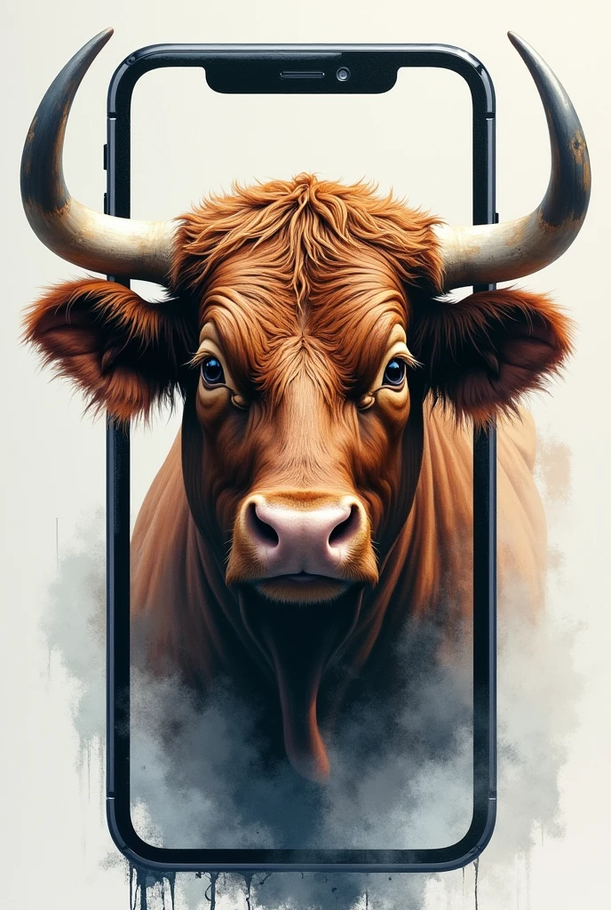 A REALISTIC PAINTING OF A BULL'S FACE INSIDE A SMARTPHONE, water colour , modern abstract,high resolution,high qualiy,