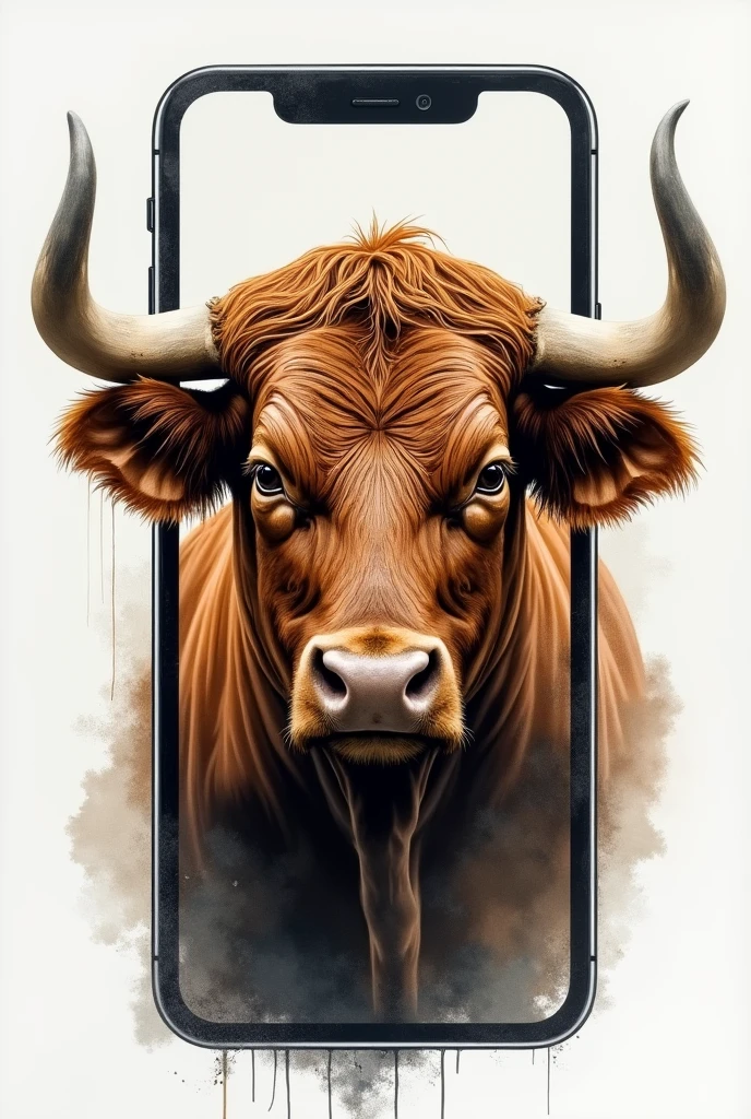 A REALISTIC PAINTING OF A BULL&#39;S FACE INSIDE A SMARTPHONE, water colour , modern abstract,high resolution,high qualiy,