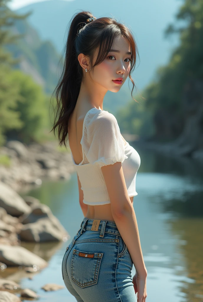 realist, photorealistic, 16K HD, masterpiece: 1.5, focus: 1.8, Asian woman Allard with crop top, long skinny jeans and sheer short sleeves, bottom: 1.5 (foot of the mountain, by the current, have a date), cute schoolgirl with delgado and perfect figure, ( Elegant High Ponytail Hairstyle: 1.5), A Japanese girl wearing long skinny jeans, wearing scratched tight long jeans (low waist crop top, micro-campanado, long pants: 1.5), (scratched : 0.6), (Branded jeans: 1.5, Jeans texture and stripes with realistic details: 0.8, Jeans with realistic grainy details: 0.8), wearing elegant short sleeves, transparent and tight (Brand: 1.5, delgado, realistic perspective: 1.5, revealing breasts and areola: 1.5), Wear stiletto sandals (Crystal band sandals with delicate stiletto heels, high quality: 1.2), surreal schoolgirl, dressed as a schoolgirl, surreal schoolgirl, Realistic schoolgirl, walking, schoolgirl posing, Model pose, Session have a date, Disparo de Whole body ((Whole body: 1.8)), beautiful skin, shiny skin, delgado beautiful thighs, perfect thighs, perfect calves, white and tender toes, beautiful breasts: 1.5, beautiful breasts: 1.5, beautiful buttocks: 1.5, Best Quality, White skin, real skin, (detailed face), goose egg face, pores, super high resolution, (8k, raw photo, photorealistic:1.4), 1 girl, delgado, (smile, Teeth and tongue exposed: 1.2, looking at the viewer with a serene goddess gaze, happiness: 1.2), ( lipgloss, eyelashes, bright face, Best Quality, ultra high resolution, Ample lighting, natural shadows), Session, have a date, Disparo de Whole body: 1.8 --car --s2
