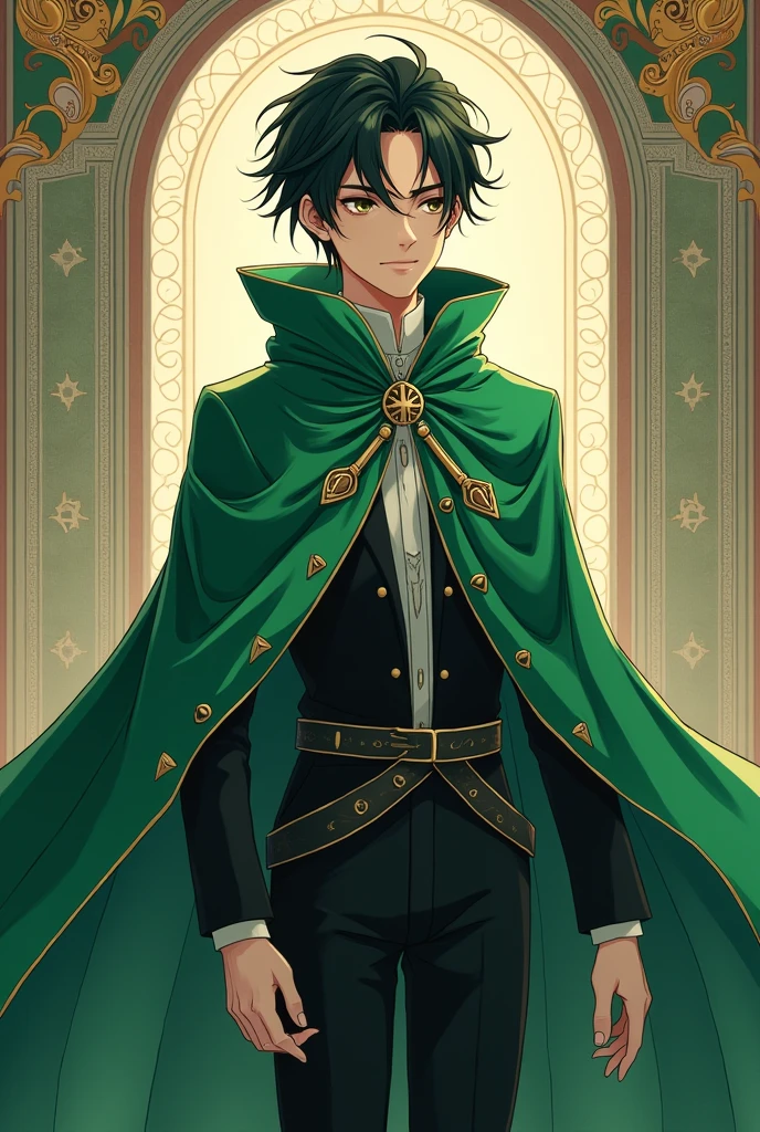 anime - style image of a man dressed in a green cloak and a green cape, casimir art, Cute androgynous prince, handsome guy in demon slayer art, photo of a male cleric, official character illustration, delicate androgynous prince, inspired in kris from deltarrune, offcial art, official character art, dressed like a clergyman