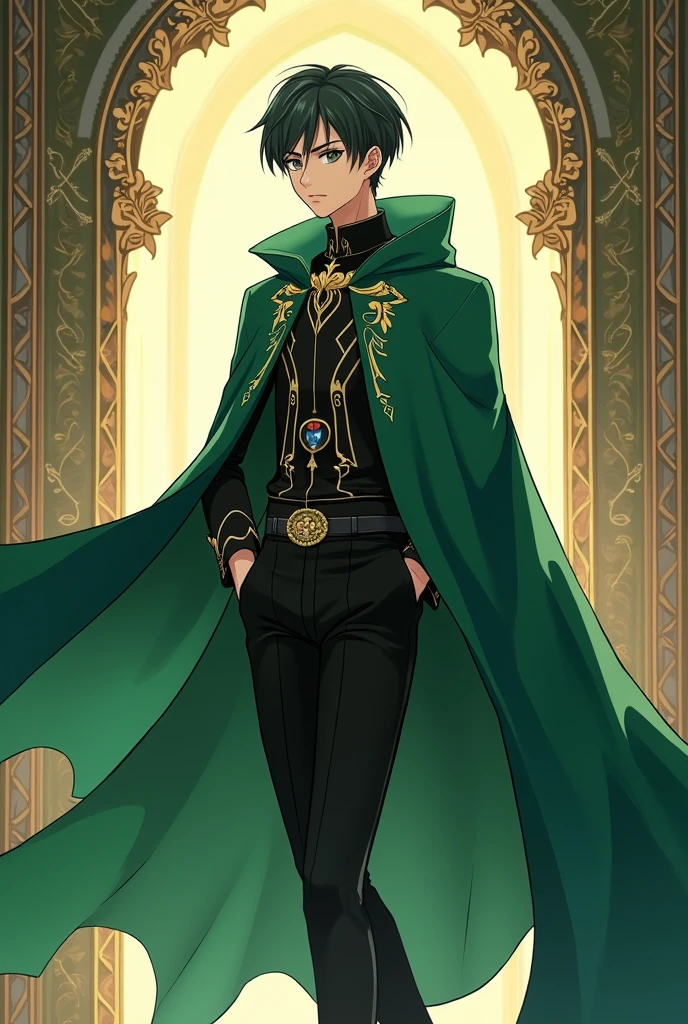 anime - style image of a man dressed in a green cloak and a green cape, casimir art, Cute androgynous prince, handsome guy in demon slayer art, photo of a male cleric, official character illustration, delicate androgynous prince, inspired in kris from deltarrune, offcial art, official character art, dressed like a clergyman