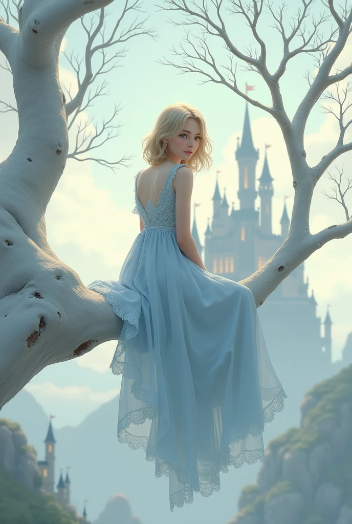 Create a with dark blonde hair wearing a dress sitting on a white tree with a castle behind it