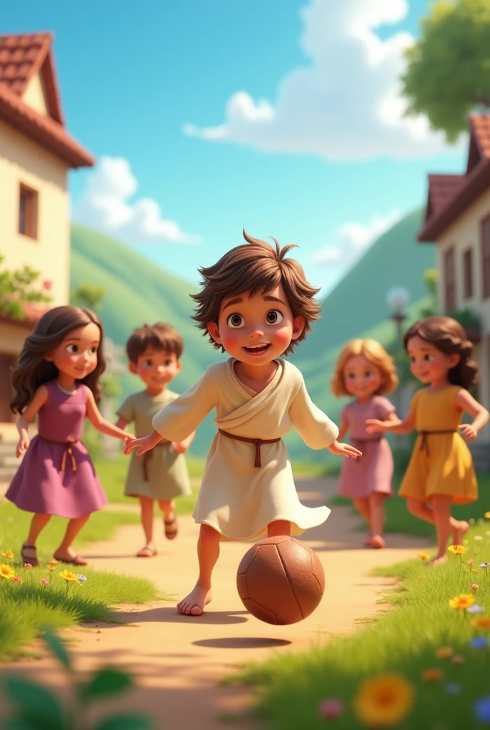 A 3D movie poster in Disney-Pixar style of Jesus as a  kid he and his friends were playing with a ball 