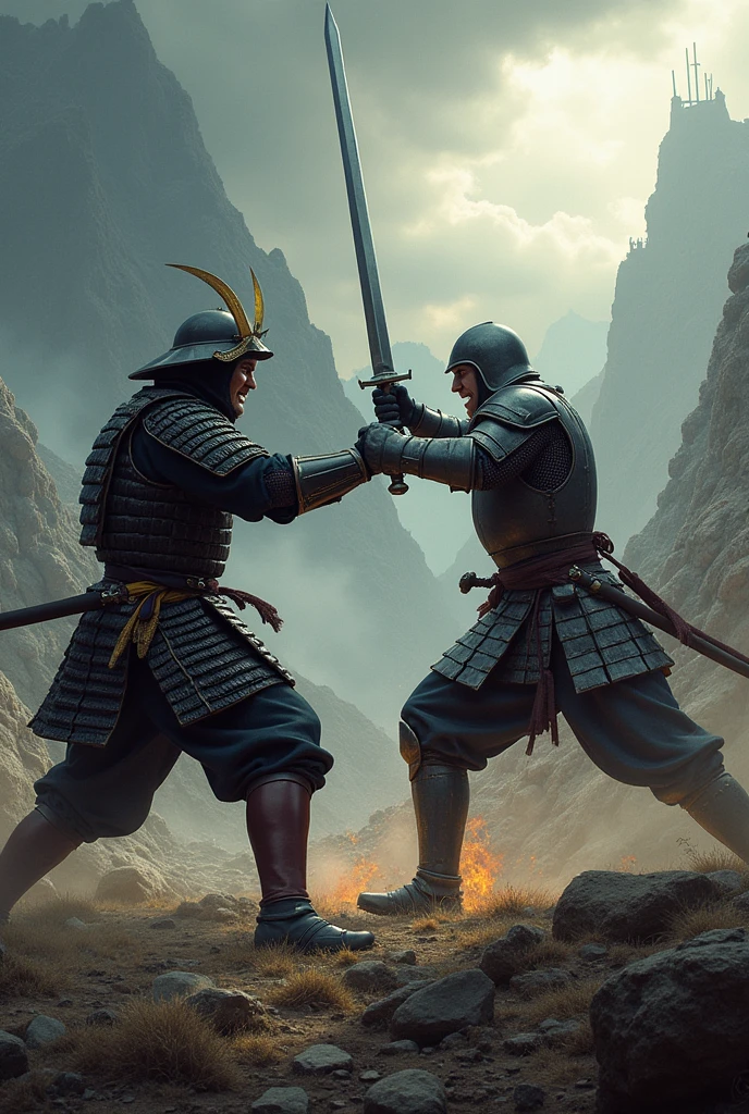 Samurai losing a battle to a medieval warrior