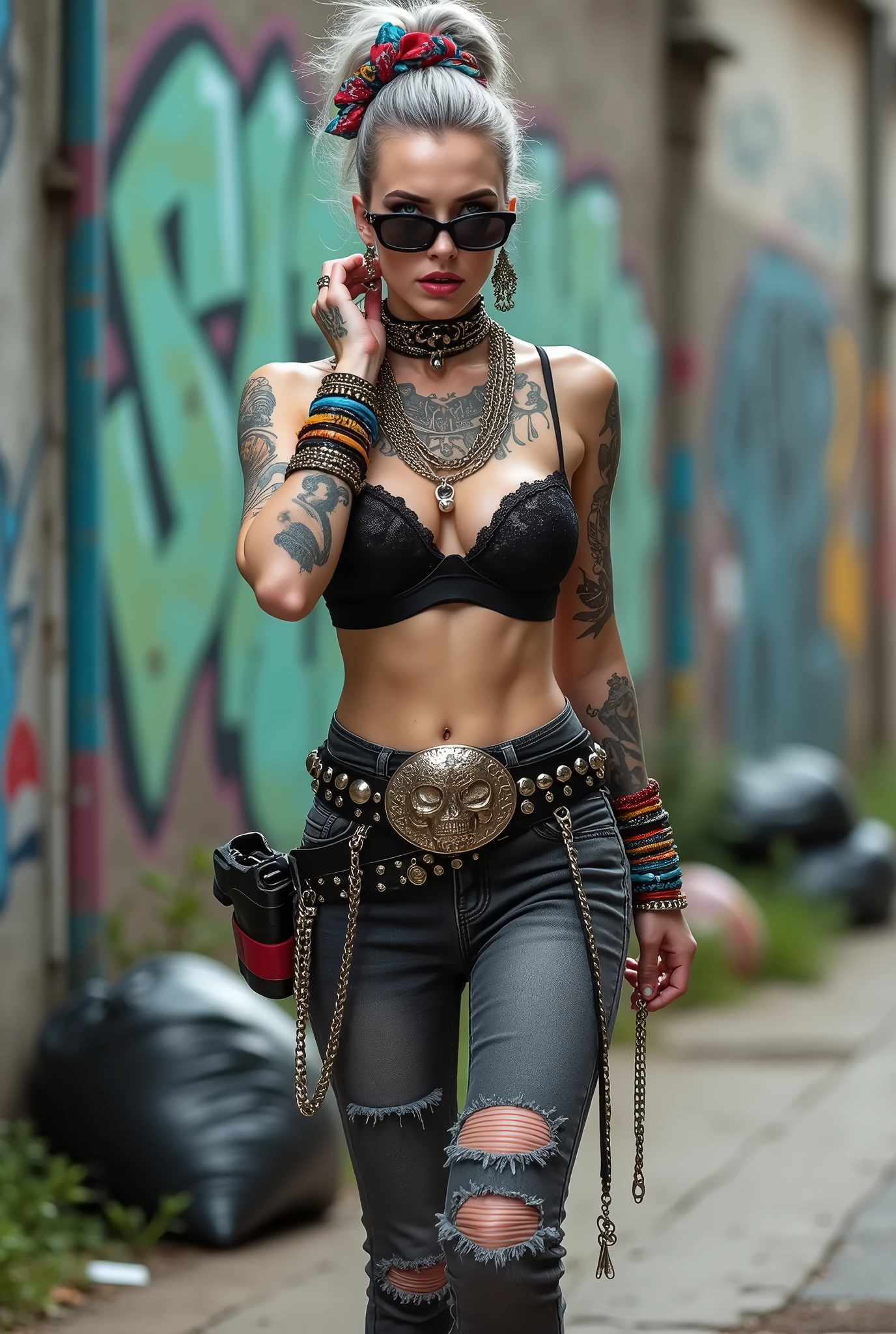 russian old milf woman, grey hair (bouffant, top bun) and oversized square sunglasses and wide colourful bandana as headband, with very light green eyes, extremely pale. Big lips. Black lace push up bra, silicone breast,, dark worn skinny low rise grey jeans with holes on knees ( patched with colourful fabric). White tennis sneakers. Lots of thick wide studded bracelets, chain collars and big rings. Tacky wide studded leather belt with big skull and bones oval buckle. Pistol holster hanging from another loose belt,. Long earrings with chains and feathers. Walking with hand s touching her hair, stretching her neck, craving., Neck, chest, stomach and wrists heavily tattoed. Toned abdominals, thin neck, slim legs and thin arms. Narrow hips Graffitied wall behind, waste on the ground and piled garbage bags around