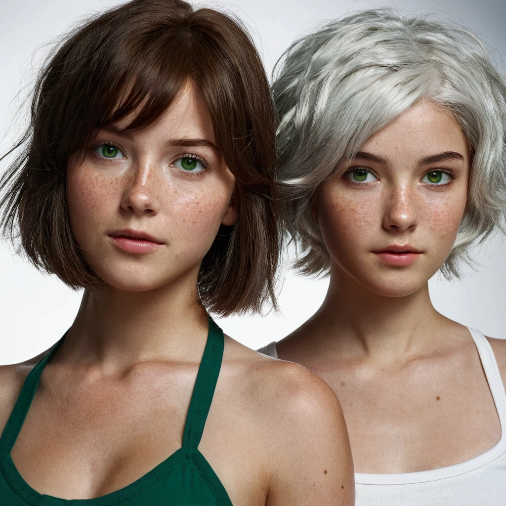 2 brunette girl, short hair, medium breasts, perky ass, freckles, green eyes and lots of white hair