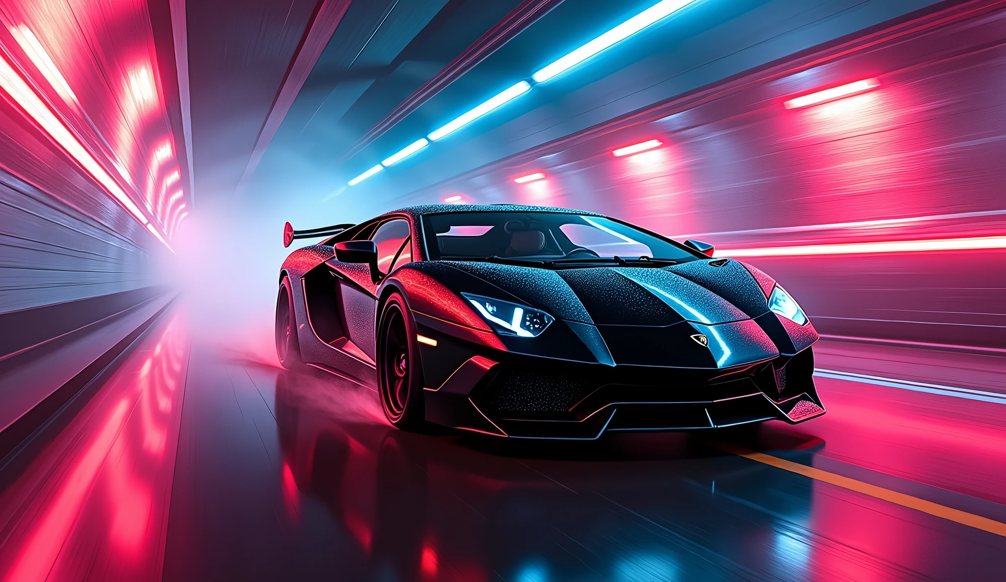 splatter art of a lamborghini aventador black running in a tunnel at night, speed, motion, neon lights, atey ghailan, alena aemani, jeremy mann photo, cinematic, vibrant