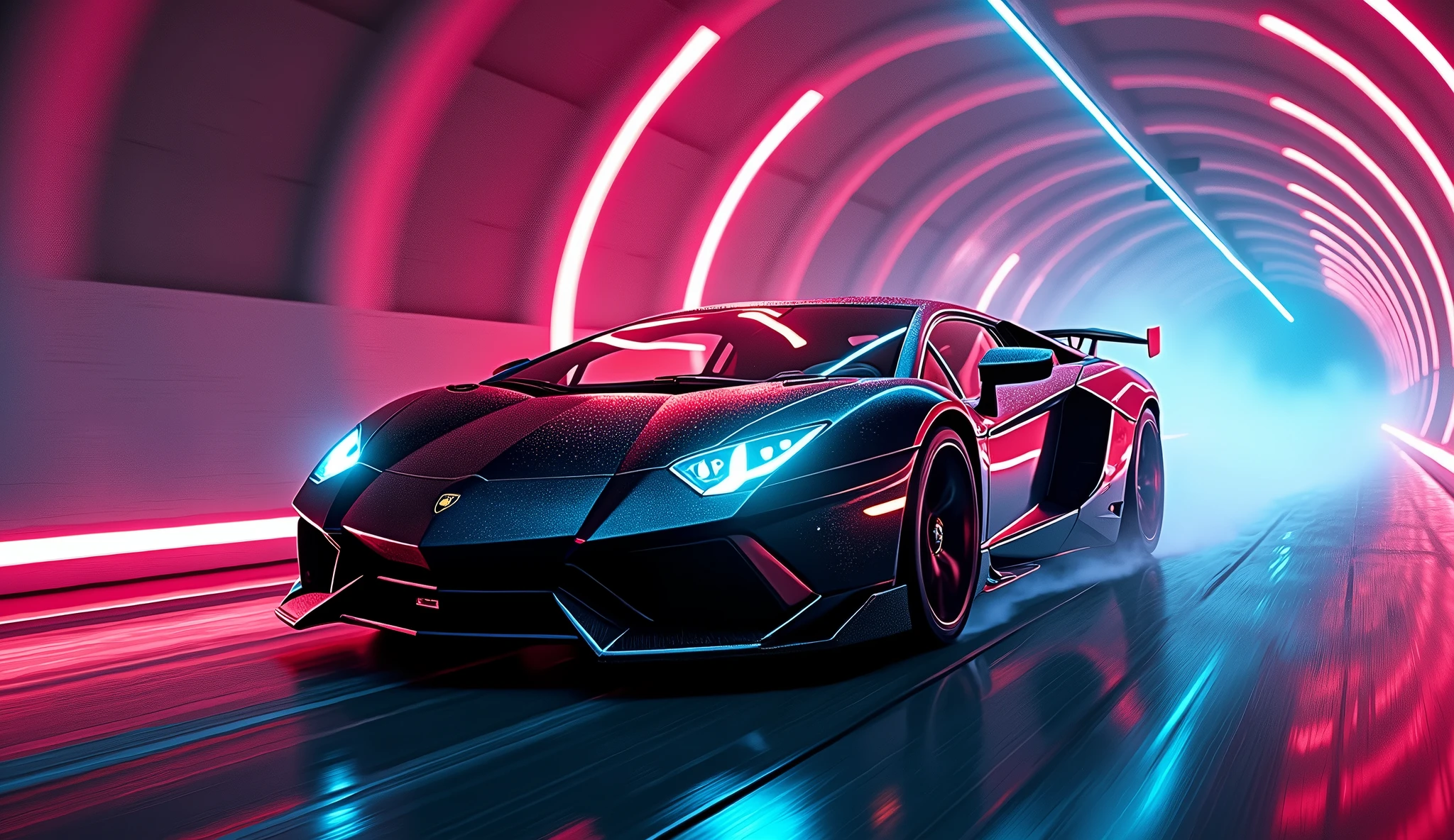 splatter art of a lamborghini aventador black running in a tunnel at night, speed, motion, neon lights, atey ghailan, alena aemani, jeremy mann photo, cinematic, vibrant
