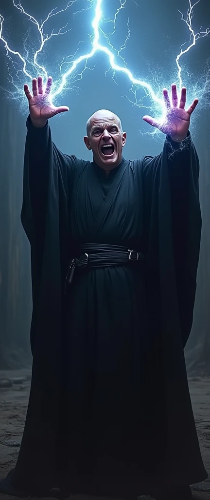 A man shouts in anger at the camera. He is dressed in dark Sith robes and shoots lightning bolts from both hands at the camera.