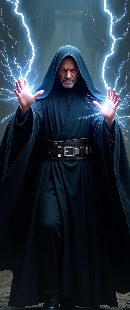 A man shouts in anger at the camera. He is dressed in dark Sith robes and shoots lightning bolts from both hands at the camera.