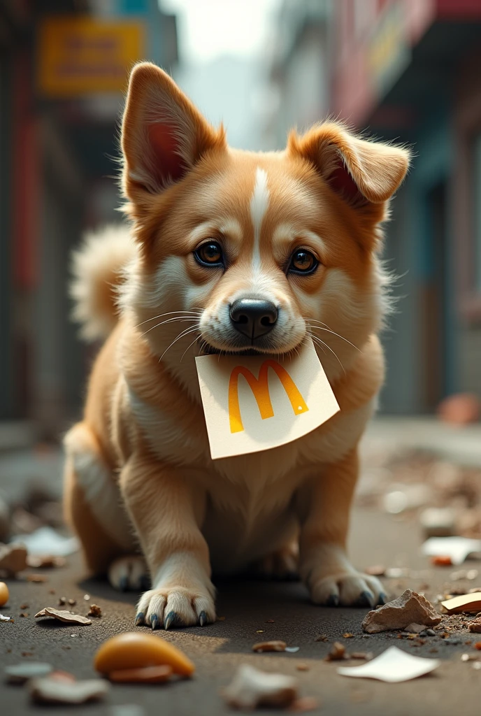 A real dog eating a McDonald's letter