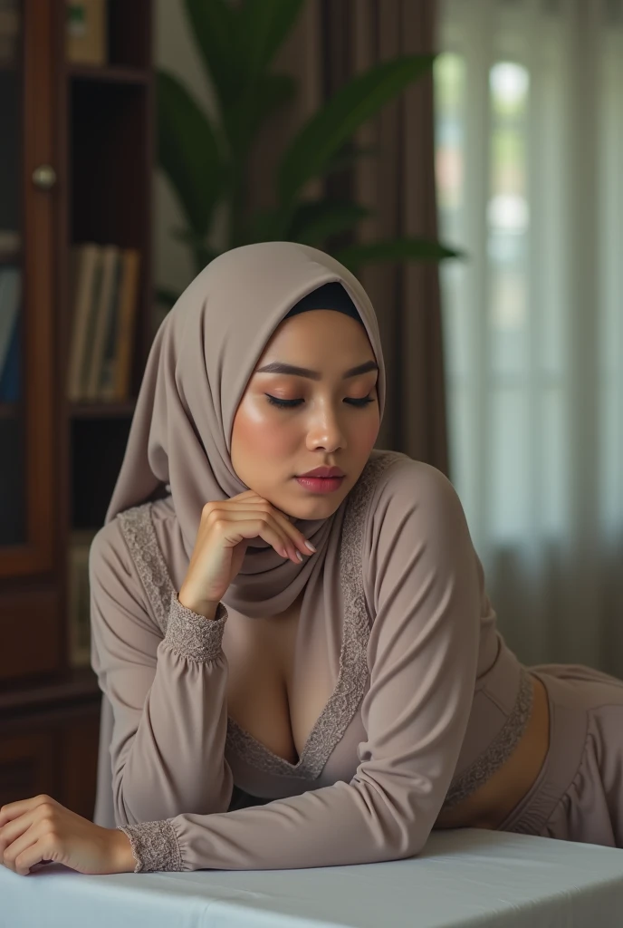 2woman, 3--Old,Fle Teacher, Hijab Beautiful Indonesian Woman, Wearing Tight Gamis, wearing bra, White Porcelain Skin, Realistic Ultra,,2, Lesbian Sex, deeply in Lustful,nipple lick,one finger on pussy,lay down on a table