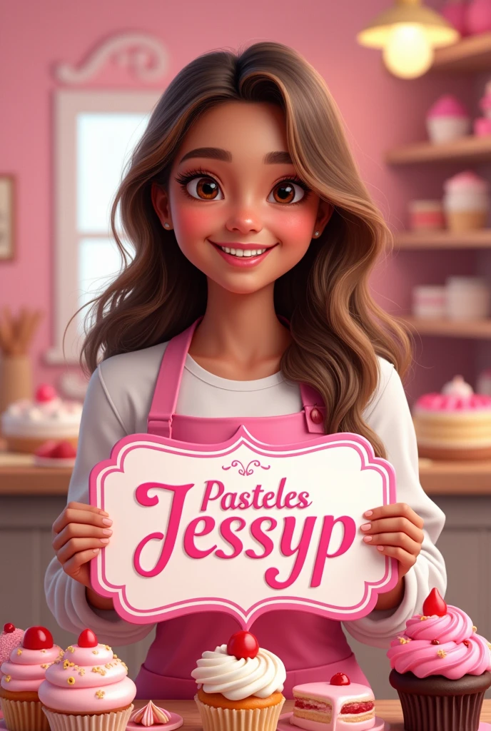 Pastry girl, light brown skin color, dark brown eyes,smiling with braces on teeth, long loose hair, hair with caramel balayage, with the sign “Pasteles JessyP” in pink flowery letters, Pink colour, around cakes, cupcakes