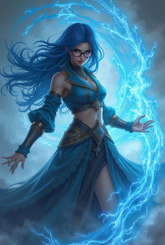 A character for RPG, Woman, maga elemental, with blue hair down to her belly, who wears glasses.