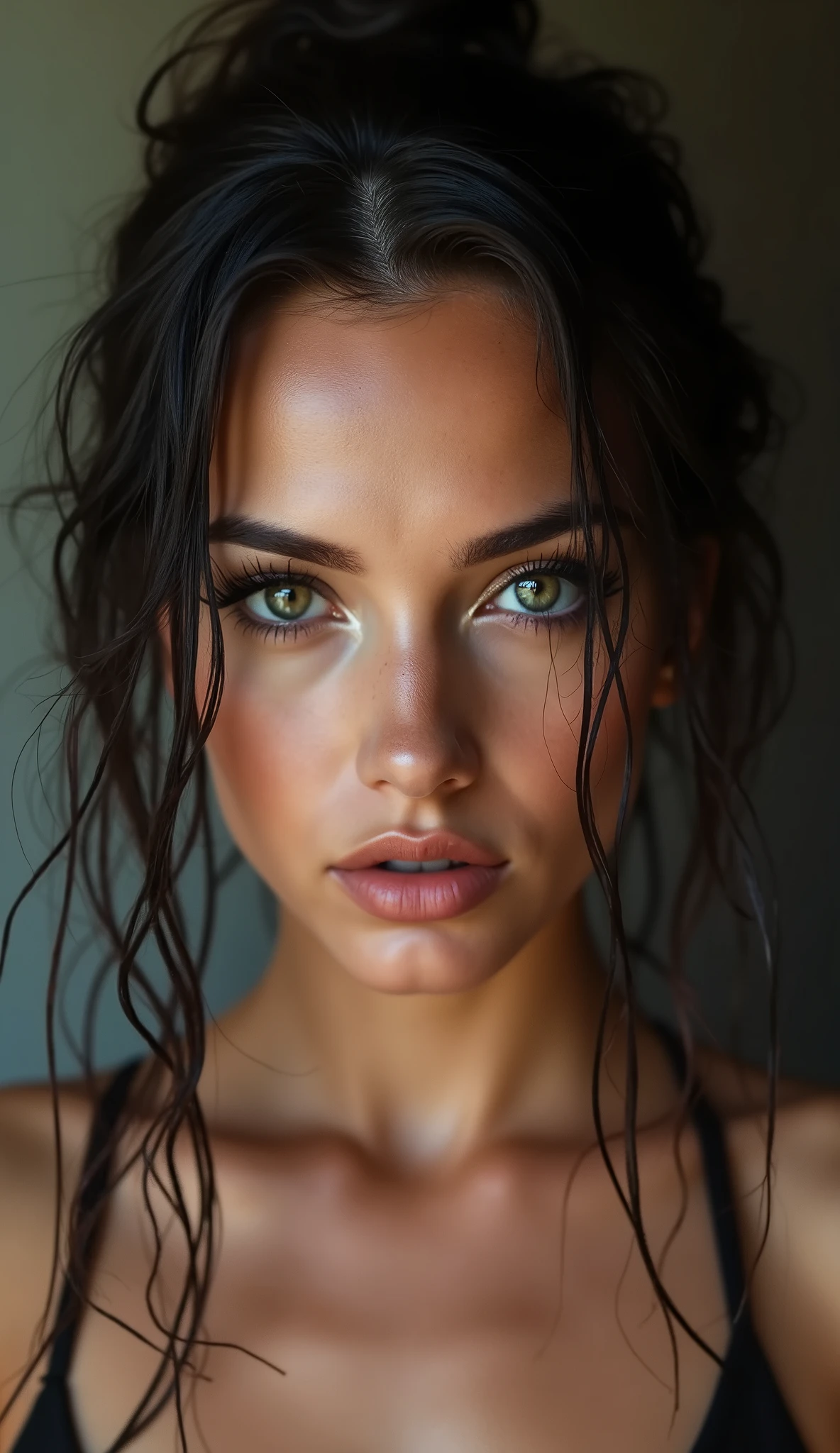Sexy face portrait with wet hair. Woman with gangster-style sexy face make-up