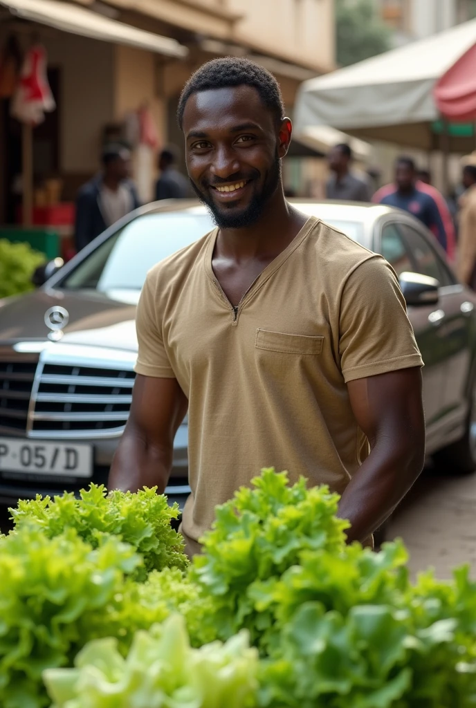 Black African man selling lettuce getting rich and buying a Mercedes after selling lots of lettuce