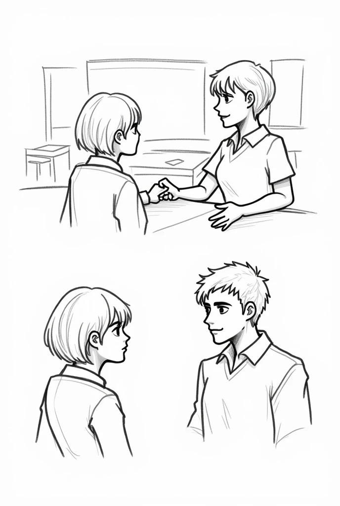 Sketch Suggestions:
Top Left Panel: Draw a classroom with a teacher at the front, blackboard, and students at desks.
Top Right Panel: Show Amanda with her hand raised and the teacher acknowledging her.
Bottom Left Panel: A close-up of Amanda speaking.
Bottom Right Panel: The teacher smiling, Amanda sitting back down, and the teacher praising her.
Keep the drawings simple and expressive to convey the dialogue clearly.