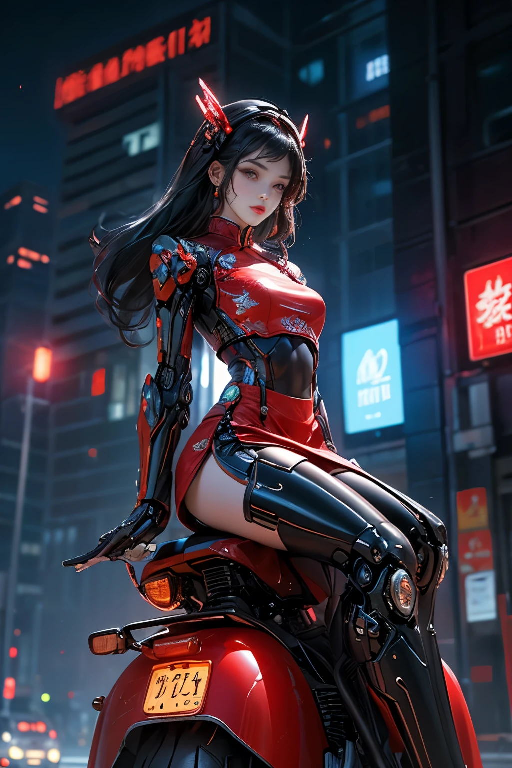 Highest image quality, Outstanding details, Ultra-high resolution, (Realism: 1.4), The best illustration, favor details, highly condensed 1girl, Korean+Chinese girl with a delicate and beautiful face, Dressed in black and red mechs, wearing a mech helmet, holding a directional controller, (Riding on a motorcycle, the background is a high-tech lighting scene of the city of the future:1.4), full body, Look straight at viewer, Masterpiece, Best quality, A high resolution, 1girll,From below, (Very thin and straight legs), (Very long legs, Straight legs), High heels,long leges, Long legs as seen from the front, Perfect body,with perfect legs,(exteriors)，full bodyesbian，cyber punk perssonage，dynamicposes，1 girll, Elaborate Eyes, Brown eyes, eye shadows, putting makeup on, long whitr hair, detailed face, detailed eyes, looking at viewer, blusher\(putting makeup on\), full pouty lips， Redlip, （long whitr hair：1.3）,  Mechanically static，Mechanical summoning，(hair adornments:1.1)，head gear，Red suit school uniform，Red school uniform，(black lence stockings，Stocking suspenders)，City，Luminescent windings，Glowing butterflies，Cyberpunk lights:1.1)，neonlight，Fully mechanical and futuristic elements，technologies，The background is a traditional Chinese street，china town， the street， Skysky， cyber punk perssonage， paper lanterns， Neon Super Resolution，(realistic:1.3)，(Slim:1.2)，dramatic lights，vibrant detail，Luxurious cyberpunk，the complex background，rendering by octane，