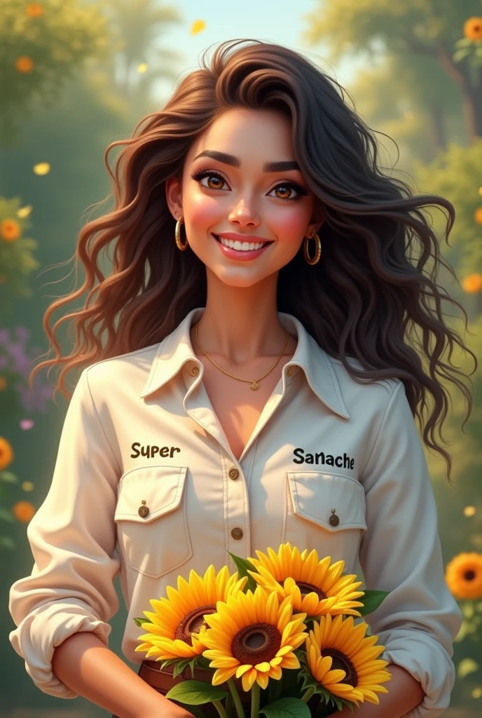 A woman in a white blouse that says Super Sanchez and has a bouquet of sunflowers in her hand