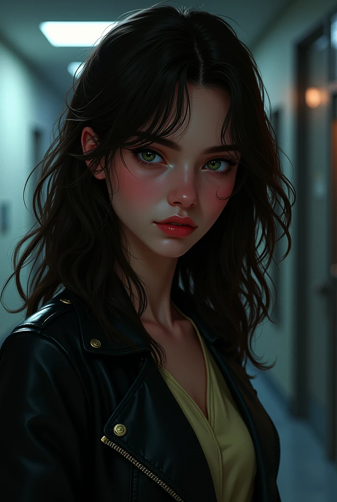 create an illustration of a young woman who looks 1, very dark brown wavy hair, large divided sideways, very white skin and slightly pink cheeks and light green eyes, wearing leather jacket, her fatal and sexy gaze and smirk in digital illustration style inspired by the GTA V loading screens, Her sexy expression, low lighting. thriller atmosphere. Background of a university hallway, dark music room