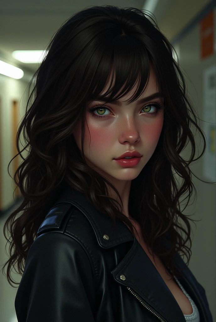 create an illustration of a young woman who looks 1, very dark brown wavy hair, large divided sideways, very white skin and slightly pink cheeks and light green eyes, wearing leather jacket, her fatal and sexy gaze and smirk in digital illustration style inspired by the GTA V loading screens, Her sexy expression, low lighting. thriller atmosphere. Background of a university hallway, dark music room