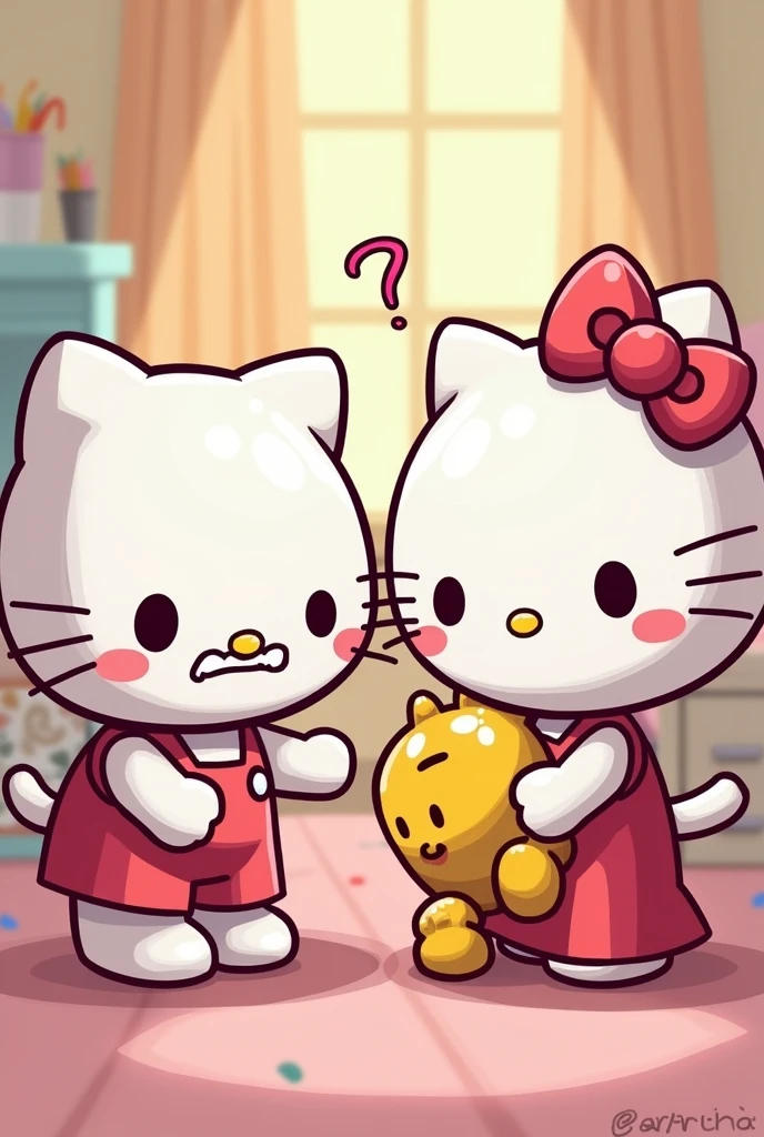 scene: Two Hello Kitty friends start arguing angrily over a toy.Text: "It&#39;s mine! ¡Lady!" "¡No, I had it first!"