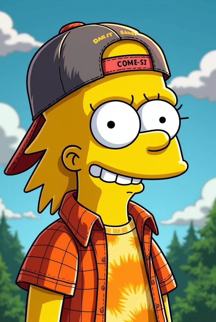 photo Bart with a cap backwards axel rose style orange plaid shirt grunge day with yellow smile tie dye shirt beautiful day green