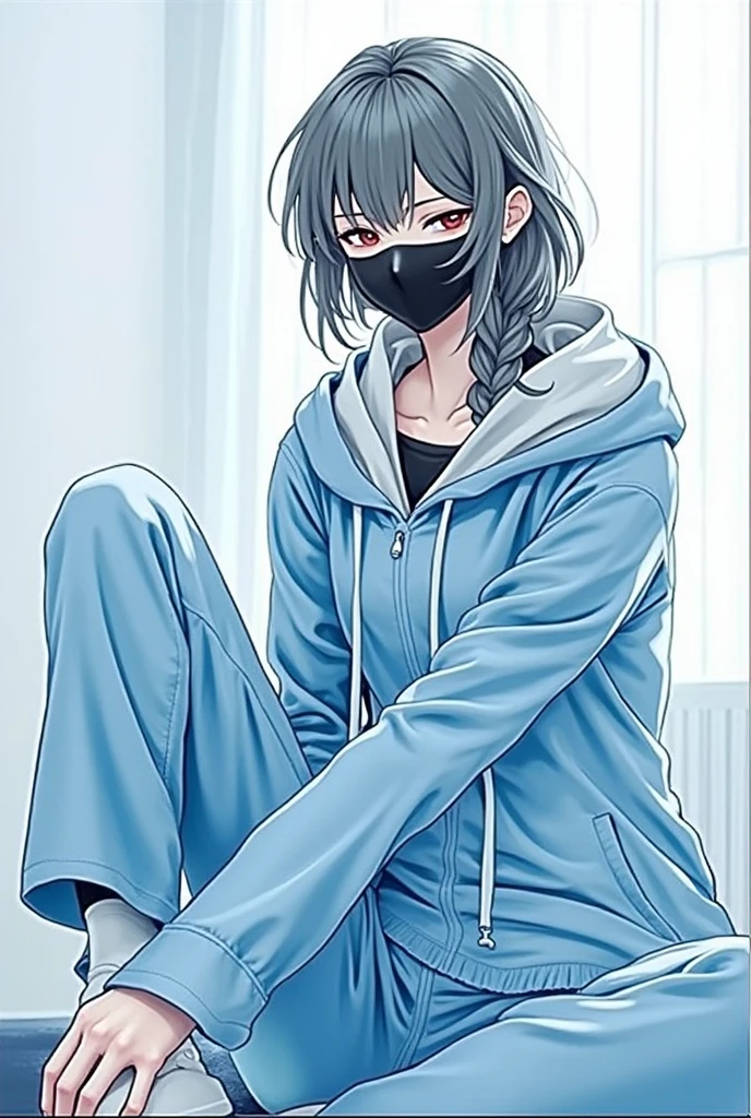 Changes hair color to grayish blue and face mask to black