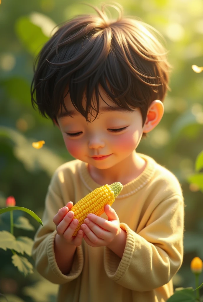 Jungkook holding a baby corn