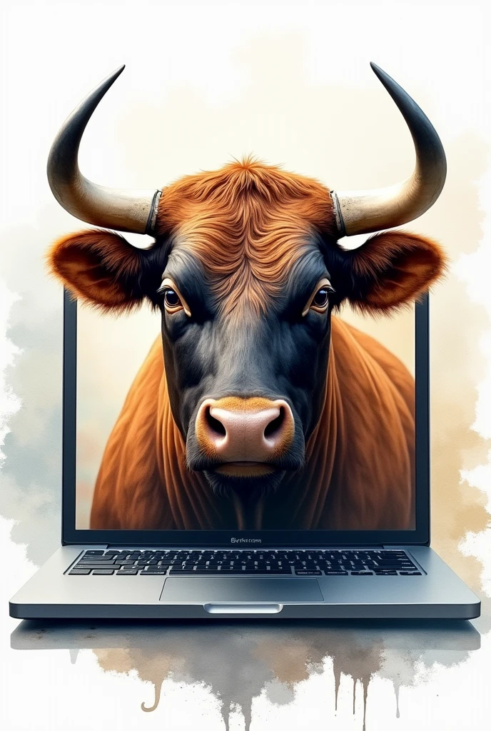 A REALISTIC PAINTING OF A BULL&#39;S FACE INSIDE A LAPTOP, water colour , modern abstract,high resolution,high qualiy,
