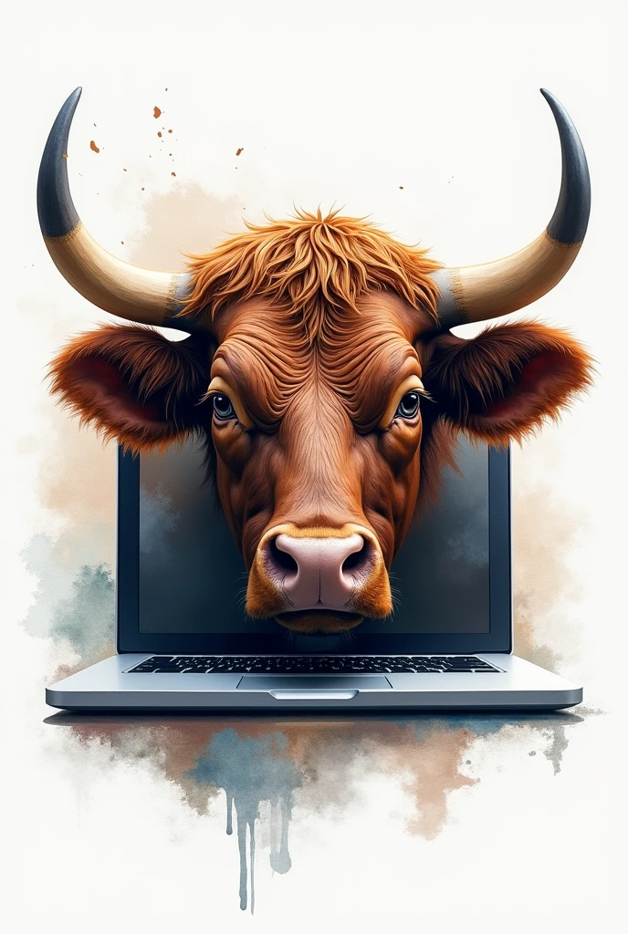 A REALISTIC PAINTING OF A BULL&#39;S FACE INSIDE A LAPTOP, water colour , modern abstract,high resolution,high qualiy,
