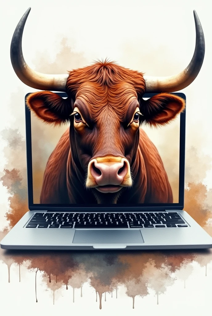 A REALISTIC PAINTING OF A BULL&#39;S FACE INSIDE A LAPTOP, water colour , modern abstract,high resolution,high qualiy,
