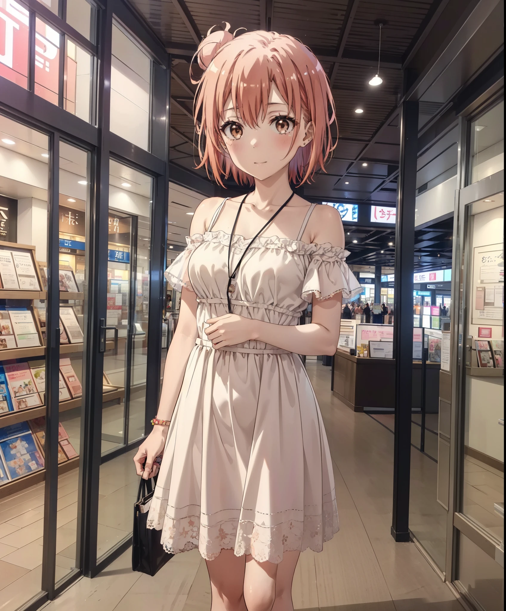 yuiyuigahama, yui yuigahama, short hair, (Brown eyes:1.5), (Pink Hair:1.2), Hair Bun, single Hair Bun,Big Breasts,smile,blush,Open your mouth,Off-the-shoulder dress,Bare shoulders,bare clavicle,Bare neck,Rocket Pendant,mini skirt,Cute heeled sandals,Daytime,Clear skies,Walking,whole bodyがイラストに入るように,
break indoors,Shopping mall,
break looking at viewer, whole body,
break (masterpiece:1.2), Highest quality, High resolution, unity 8k wallpaper, (figure:0.8), (Beautiful attention to detail:1.6), Highly detailed face, Perfect lighting, Highly detailed CG, (Perfect hands, Perfect Anatomy),