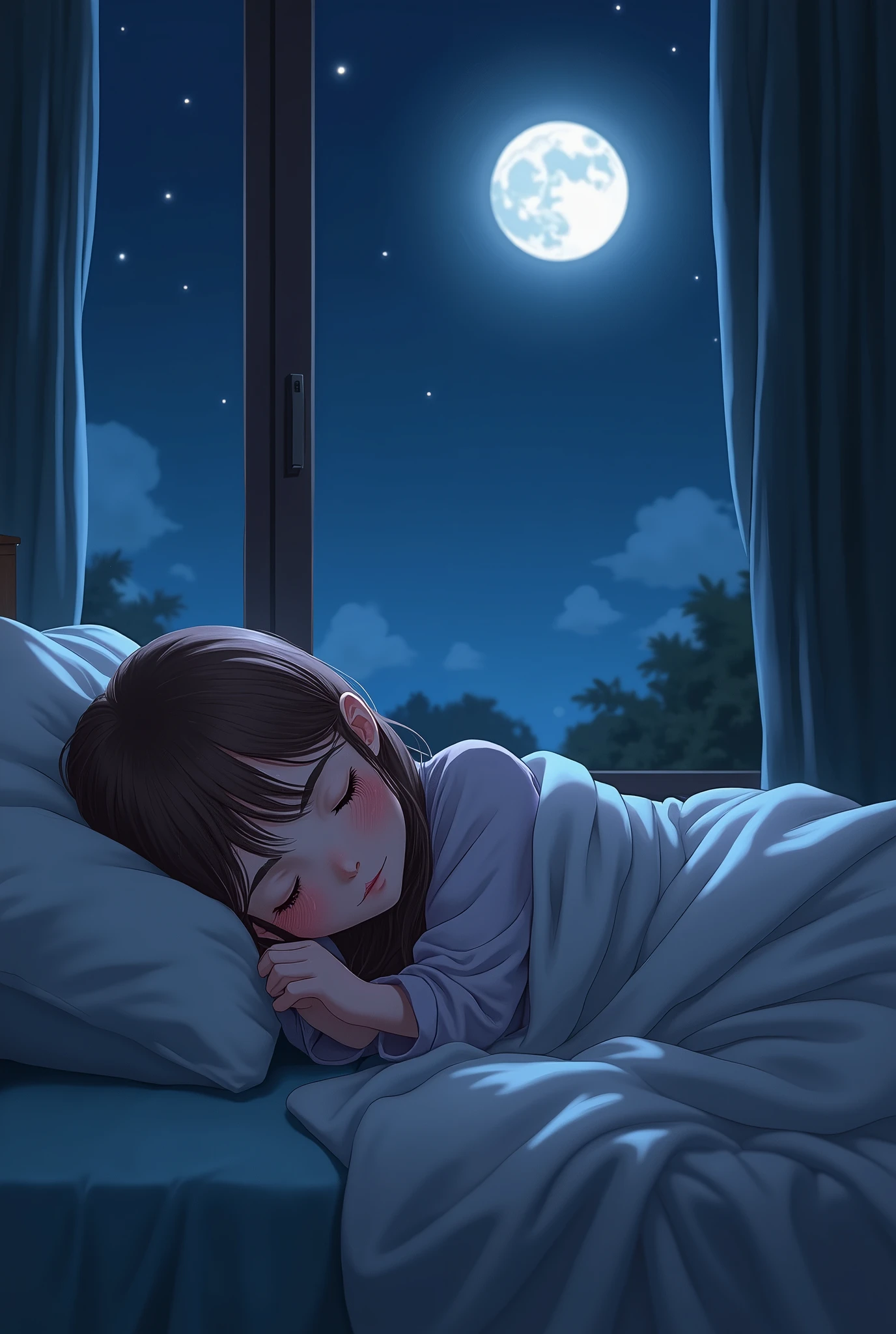 "A peaceful night scene inside a cozy bedroom. A young girl with long, straight brown hair is sleeping peacefully on a bed near a large window. The room is dimly lit, with no artificial lights on, and the soft glow of moonlight shines through the window. The sky outside is clear with a large, bright moon visible, casting a serene and calming atmosphere. The bed is made with soft pillows and a thick blanket that wraps around the girl, who is sleeping in a relaxed and comfortable position. The overall scene exudes tranquility and warmth, perfect for invoking a sense of calm and restful sleep."