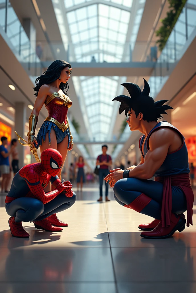 wonder woman, spiderman, and goku whith black hair
in a mall speaken