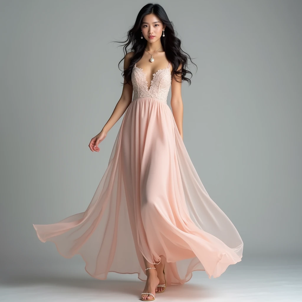 A full-body image of an Asian woman with an angelic essence, standing gracefully against a gray background. She wears a blush pink chiffon gown that flows elegantly to the ground, with delicate lace accents around the bodice and sleeves. The gown’s airy fabric sways softly, reminiscent of fluttering wings. Her long, black hair cascades in soft waves, framing her serene, glowing face with bright, almond-shaped eyes. Her delicate sandals are adorned with small pearls, adding a touch of divine beauty. She wears a delicate chain necklace with a raw pearl pendant and matching pearl drop earrings, catching the light and enhancing her ethereal charm.'