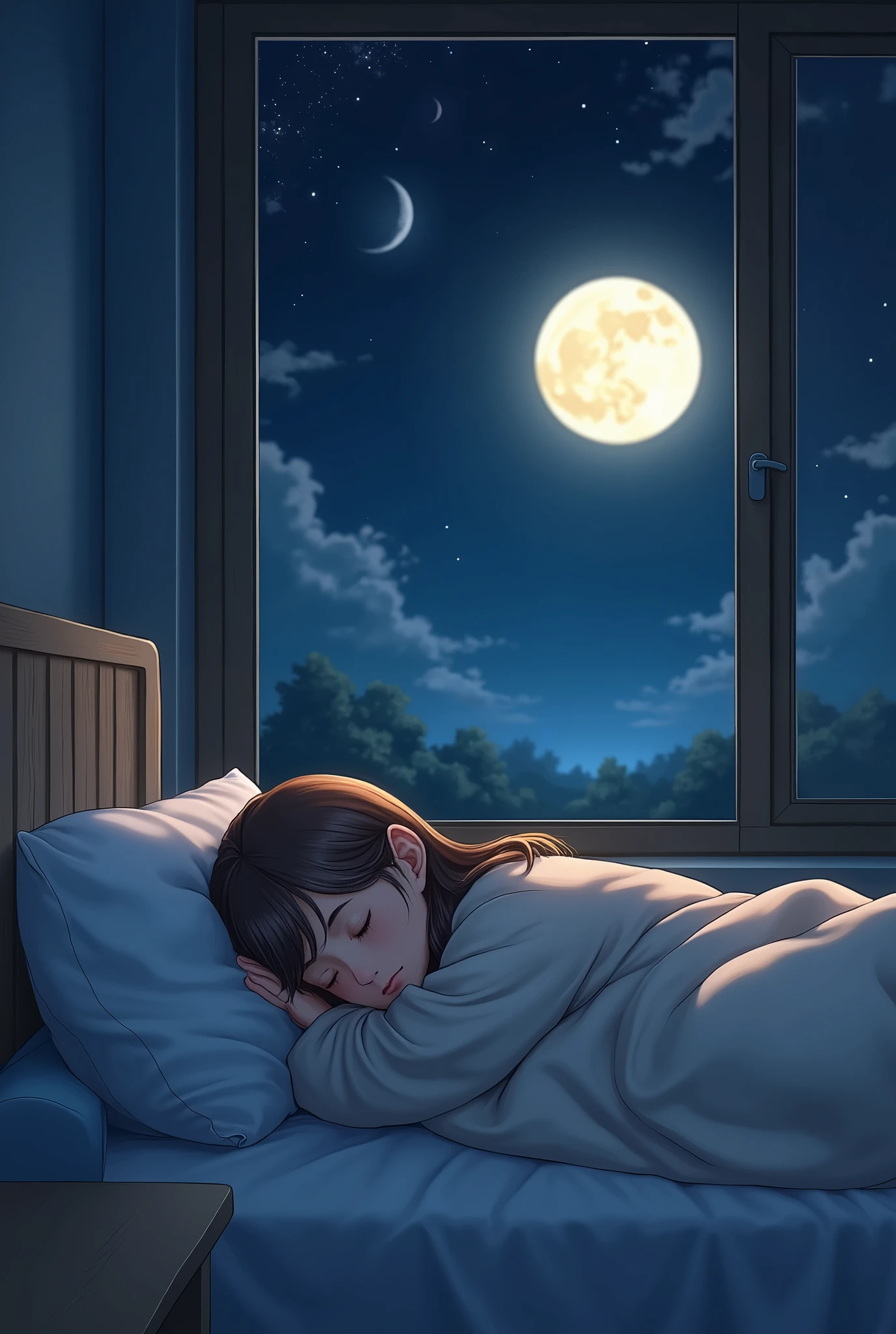 "A peaceful night scene inside a cozy bedroom. A young girl with long, straight brown hair is sleeping peacefully on a bed near a large window. The room is dimly lit, with no artificial lights on, and the soft glow of moonlight shines through the window. The sky outside is clear with a large, bright moon visible, casting a serene and calming atmosphere. The bed is made with soft pillows and a thick blanket that wraps around the girl, who is sleeping in a relaxed and comfortable position. The overall scene exudes tranquility and warmth, perfect for invoking a sense of calm and restful sleep."