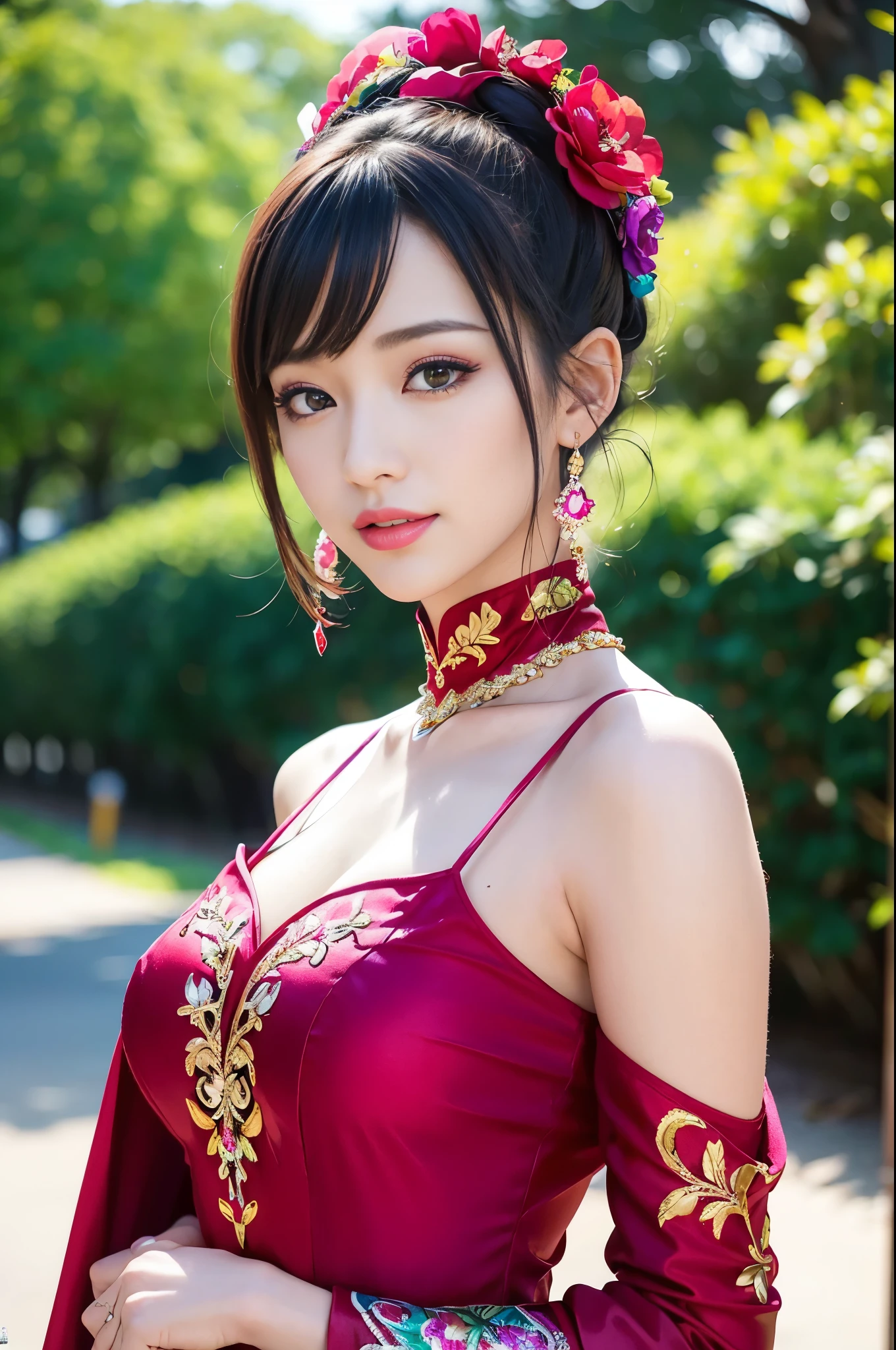 (masterpiece:1.4), (best quality:1.4), ultra high res, ultra high resolution, ((detailed facial features)), HDR, (realistic, photorealistic, photo-realistic:1.37), full body Esbian, sexy Vietnamese model, (-anime), vivid colors, ((vivid colors multicolor (red, fuchsia) very short hair)), (happy smile), lip-gloss, long lashes, ultra detailed metallic makeup, defined eyebrows, wearing large sparkling colorful jewelery, wearing a red silk Paradise Kiss cosplay dress with black floral embroidery, ((vivid colors outfit)), vivid colors, look at the camera, cinematic light, large park background with trees, sweet and sexy pose