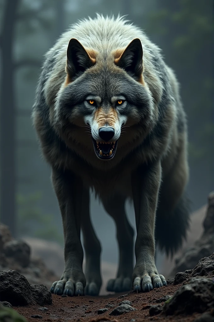 The image of a super aggressive imposing wolf that looks like it is the king of wolves with the name AL3XIS