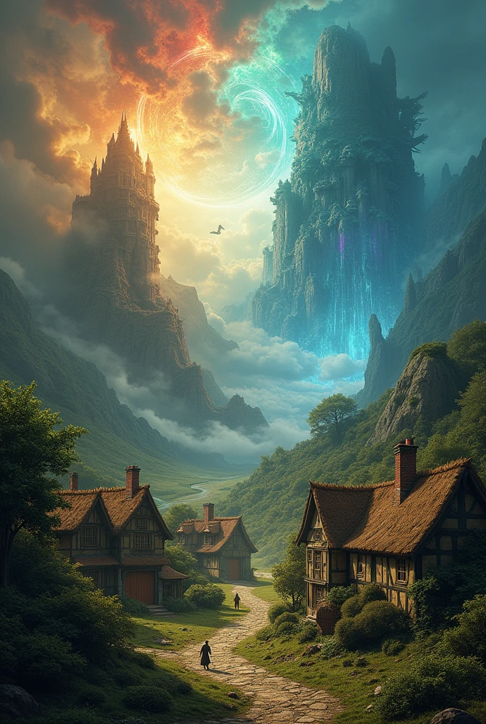 create a peaceful village in the Middle Ages and on the other side a world of chaos and magic