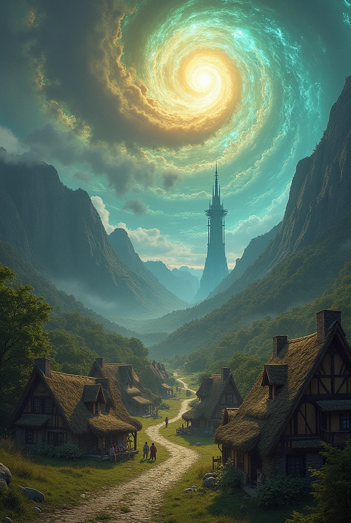 create a peaceful village in the Middle Ages and on the other side a world of chaos and magic