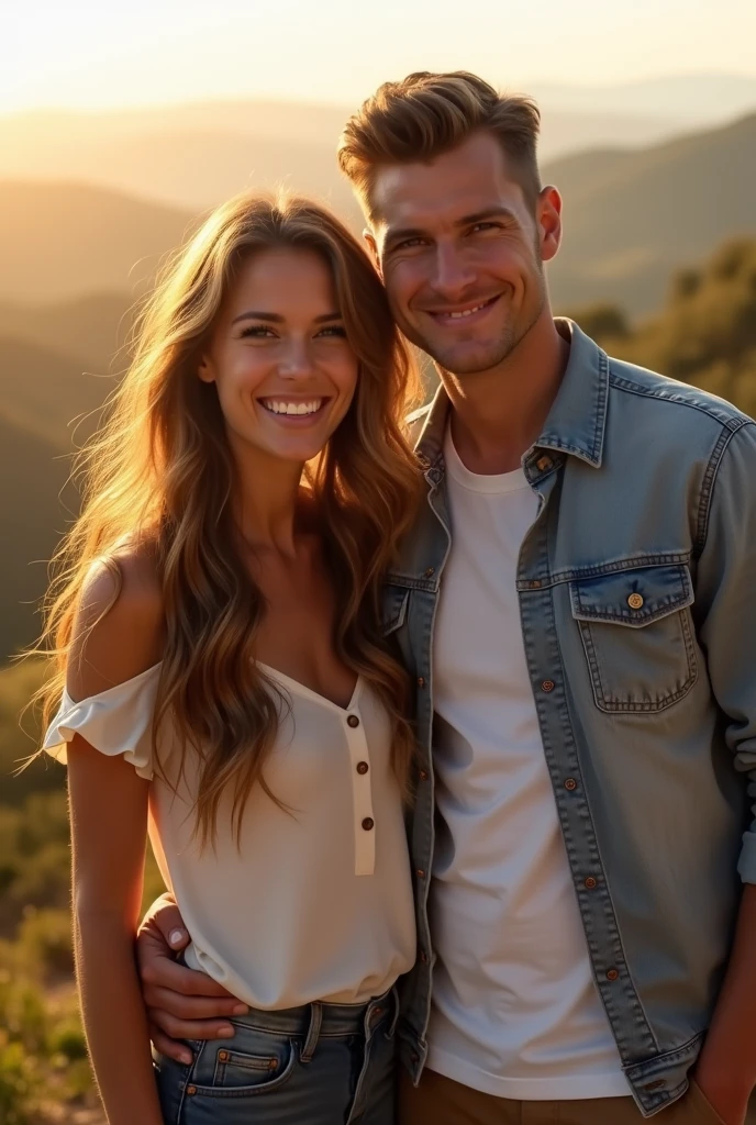 Create an image of a beautiful young couple in their mid-20s. They are standing close together, smiling warmly at the camera. The setting is a picturesque outdoor scene with golden hour lighting, casting a soft, romantic glow. The woman has long, wavy hair and is wearing a casual, yet stylish outfit, while the man has short hair and is dressed in a smart-casual manner. Their body language reflects a deep connection and happiness, making the image feel genuine and heartfelt. Capture the essence of young love and the joy of being together.
