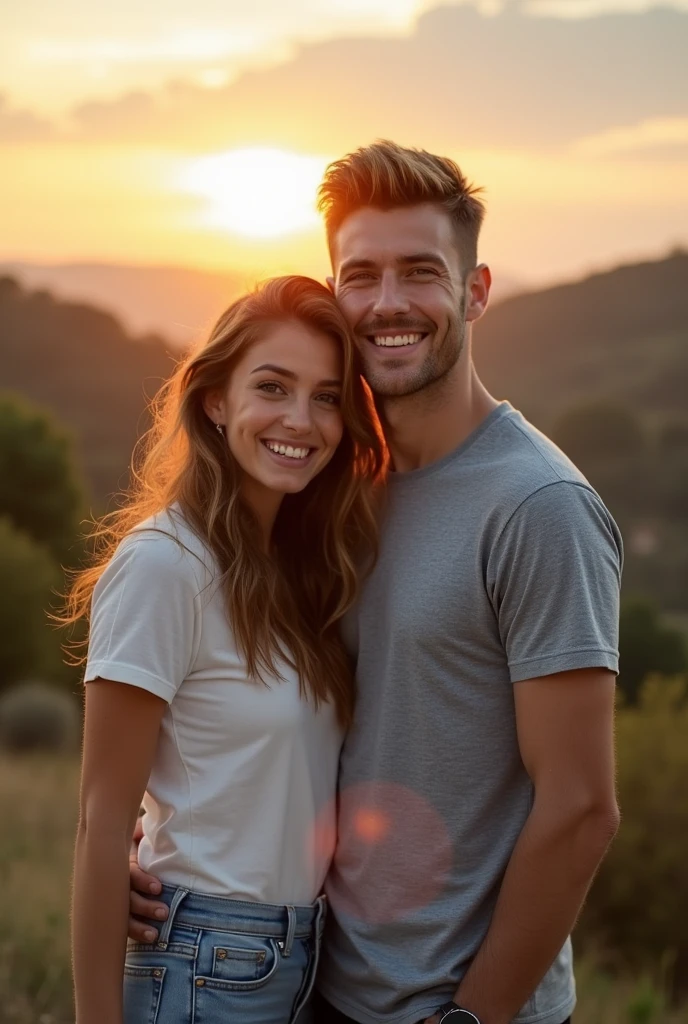 Create an image of a beautiful young couple in their mid-20s. They are standing close together, smiling warmly at the camera. The setting is a picturesque outdoor scene with golden hour lighting, casting a soft, romantic glow. The woman has long, wavy hair and is wearing a casual, yet stylish outfit, while the man has short hair and is dressed in a smart-casual manner. Their body language reflects a deep connection and happiness, making the image feel genuine and heartfelt. Capture the essence of young love and the joy of being together.

