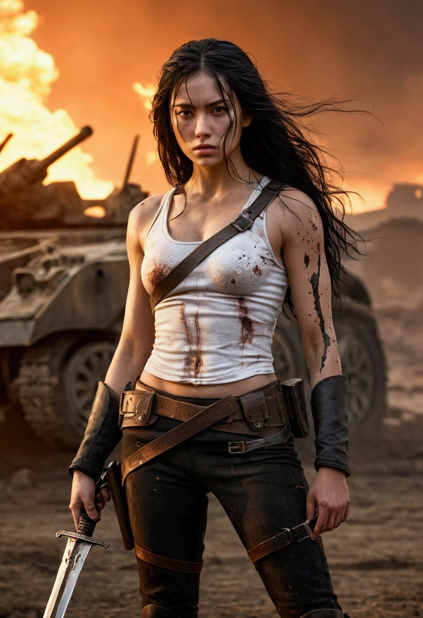 A lean, sexy white teenage girl with long, jet-black hair cascading down her sweat-drenched back, standing tall yet weary in the aftermath of an intense battle. Her youthful beauty is accentuated by the stark contrast of her flawless skin against the grime and dirt that cling to her toned physique. She wears a shredded and tattered military outfit that barely covers her, revealing a black g-string that clings to her hips, emphasizing her undeniable sex appeal. Her eyes, though exhausted, gleam with the fierce determination of a warrior. In the background, the remnants of the battlefield are illuminated by the fading embers of a fiery sunset, creating a dramatic and surreal atmosphere. Her bruised and blood-speckled body tells the story of the fierce combat she's endured, yet she stands proudly, a testament to her unyielding spirit. Her right hand grips a battle-worn sword, its blade still gleaming with the reflection of the dying light, while her left hand rests on her hip, fingers curled around a pistol holster. The image exudes a blend of vulnerability and power, leaving the viewer captivated by the narrative of this unconventional and alluring heroine.