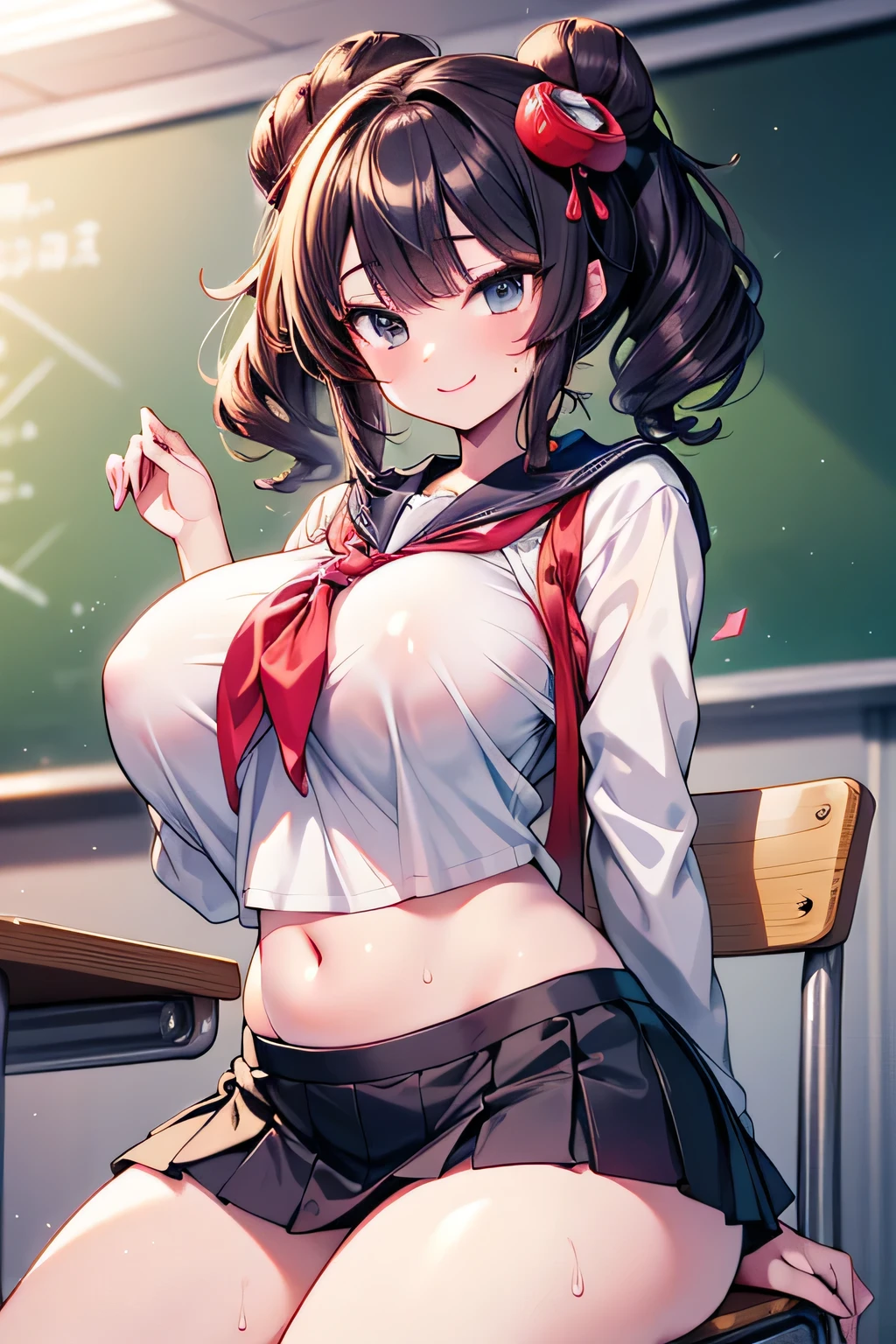 Anime illustration、High resolution、smile、A brown-skinned high school girl with huge breasts sits on a chair in a classroom at dusk and spreads her legs、A flashy sailor uniform and miniskirt、Katsushika Hokusai、Perfect proportions、Cowboy Shot、Plump thighs、Sharp Eyes、Sweaty