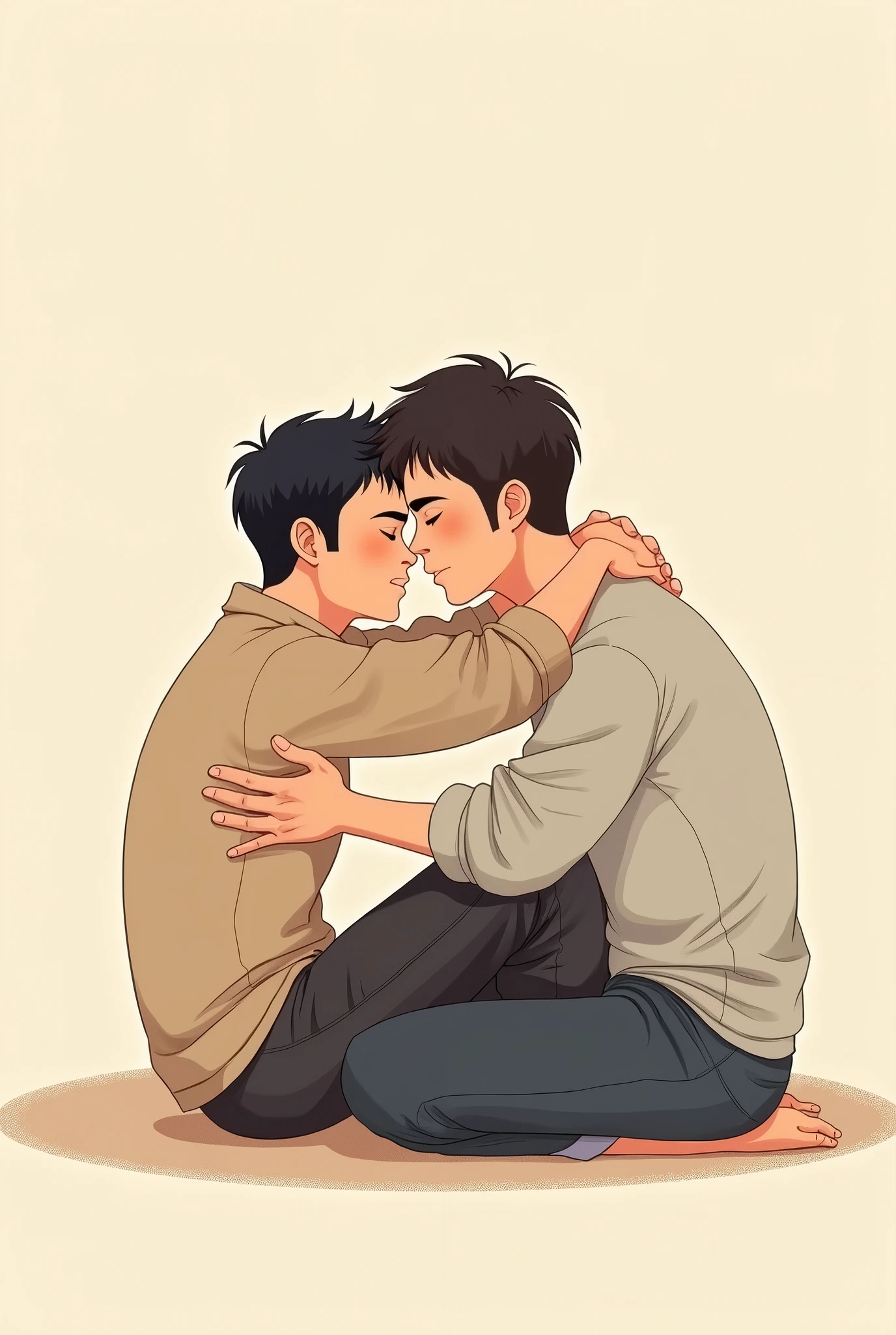 An illustration showing the whole body of a 170cm tall man with short black hair parted in the middle and a 163cm tall man with medium hair parted in the middle sitting on the floor facing each other and hugging