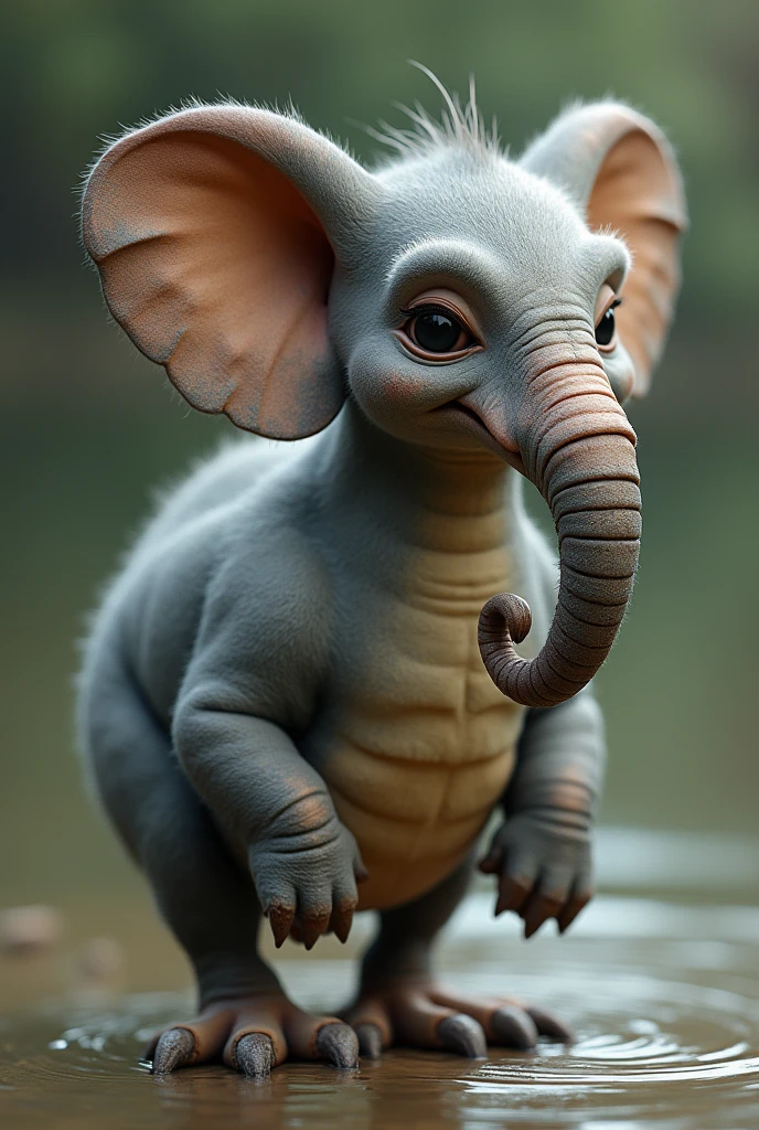 The fusion between an African elephant and a small duck results in a peculiar and charming creature. Imagine a robust and powerful body, similar to that of an elephant, but in a miniaturized version, with thick gray skin and wide ears that still retain the elephant's characteristic shape.
However, the creature's head is a fascinating mix, with a small trunk that resembles that of an elephant, but very short, and a duck's beak at the tip, which gives it a curious appearance. Its paws, although thick, end in webbed feet like a duck's, allowing the creature to swim with ease in small lakes.
The creature combines the strength and presence of an elephant with the agility and charm of a duck, resulting in a unique and intriguing being.
