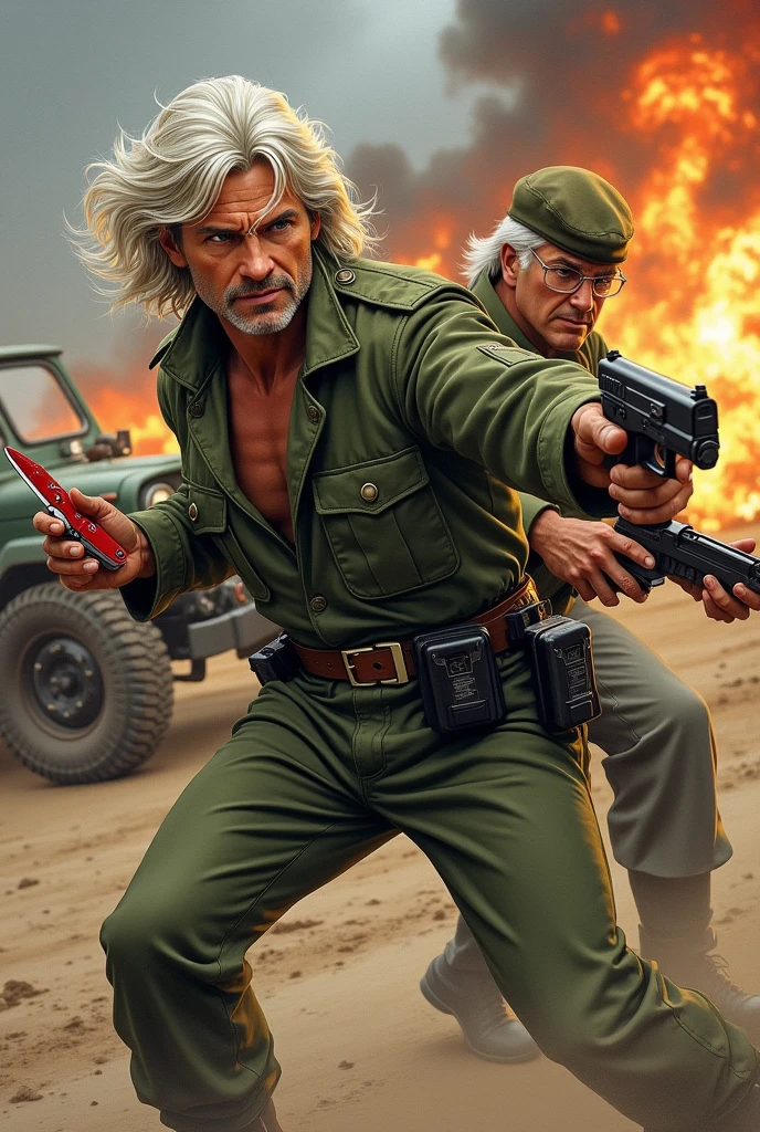 I want an illustration of Macgyver Richard Dean Anderson with long white hair and a little fat and with a red Swiss army knife in his hand with a light green and dark green camouflage soldier suit. ,fighting Murdoc actor Michael Des Barres with short white hair, and slightly dark glasses and with a military suit and a sand-colored military commander cap and a gun in his hand and in the background a jeep exploding.